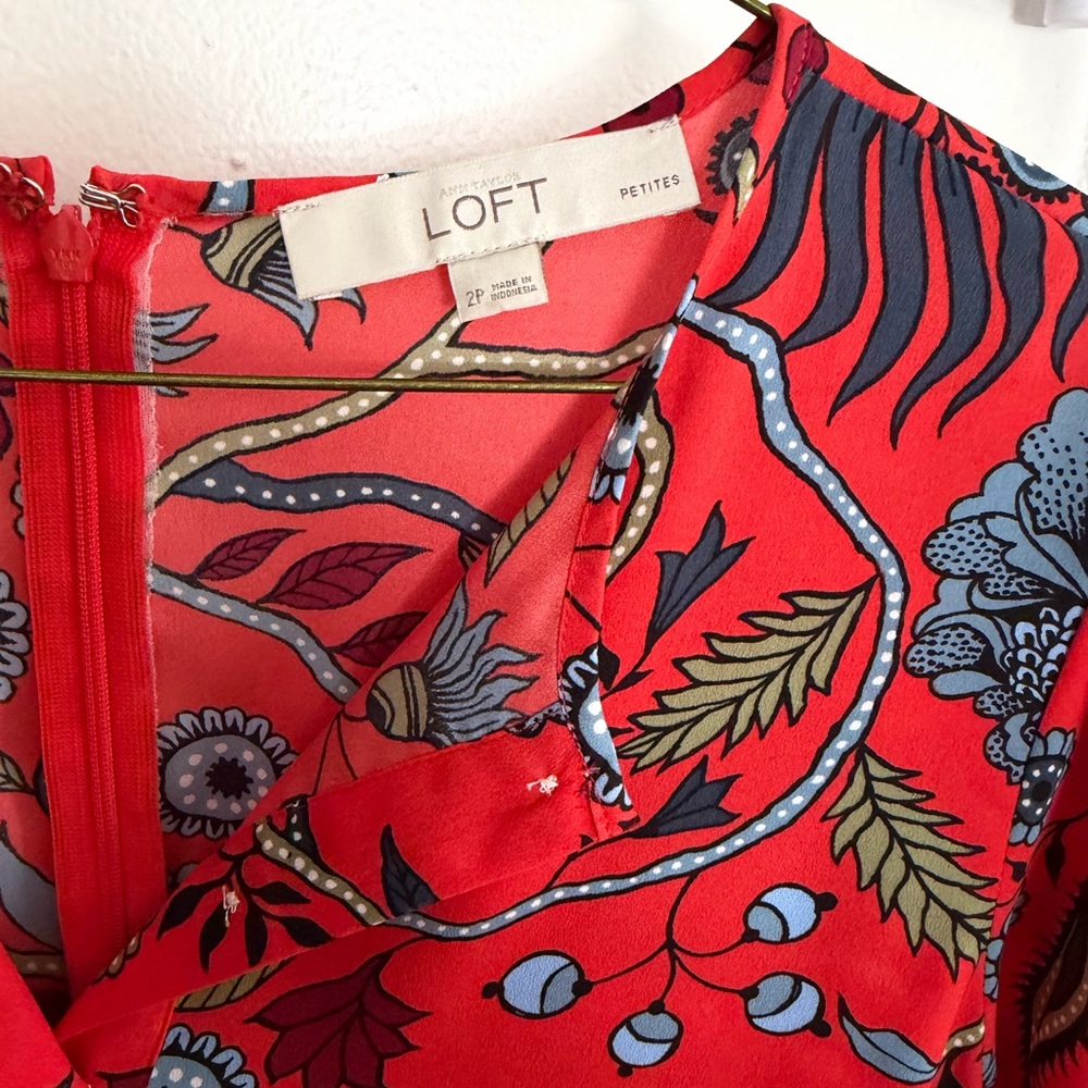 LOFT Red Floral Blouse with Blue and Olive Highlights